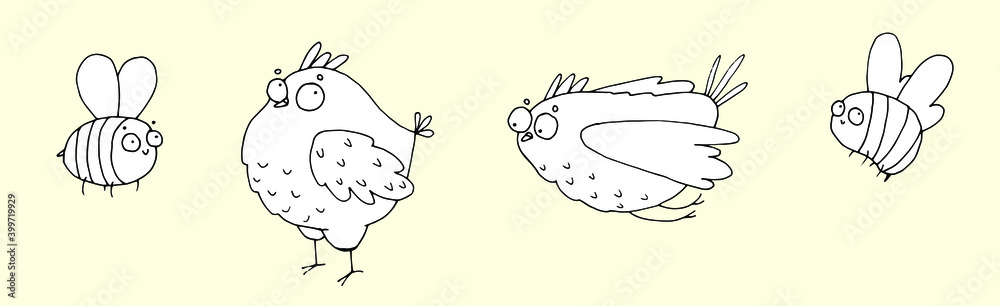 illustration for children, birds and bees, linear doodle illustration illustration for children, birds and bees, linear doodle illustration