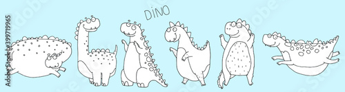 illustration for children, set of cute funny dinosaurs, linear doodle illustration