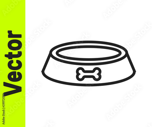 Black line Pet food bowl for cat or dog icon isolated on white background. Dog bone sign. Vector.