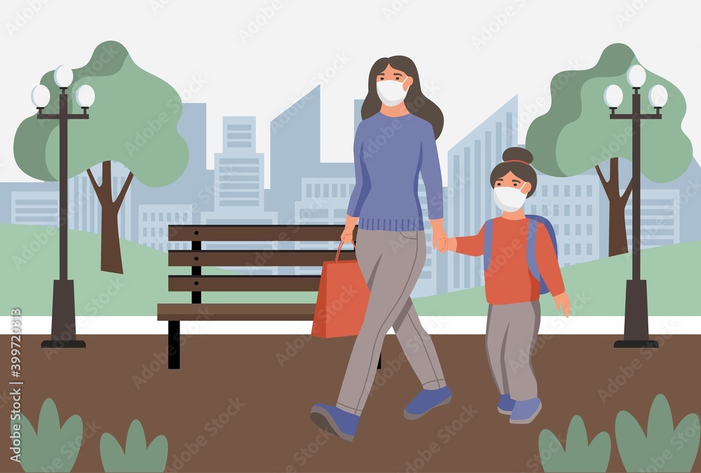 Woman with child in protective face dust masks wolk in park. Protection from urban air pollution, smog, vapor. Coronavirus quarantine, respiratory virus concept. Flat cartoon  vector illustration.