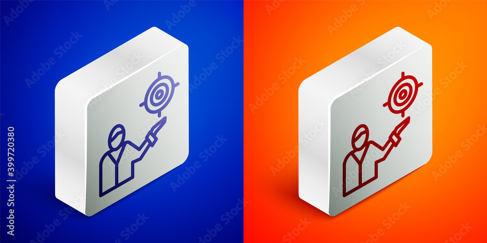 Isometric line Marketing target strategy concept icon isolated on blue and orange background. Aim with people sign. Silver square button. Vector. Isometric line Marketing target strategy concept icon isolated on blue and orange background. Aim with people sign. Silver square button. Vector.