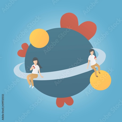 long distance relationship,Love and distant lovers of men and women,they use smartphone video call in different place and time,love couple,Social media and mobile communication,Vector illustration.