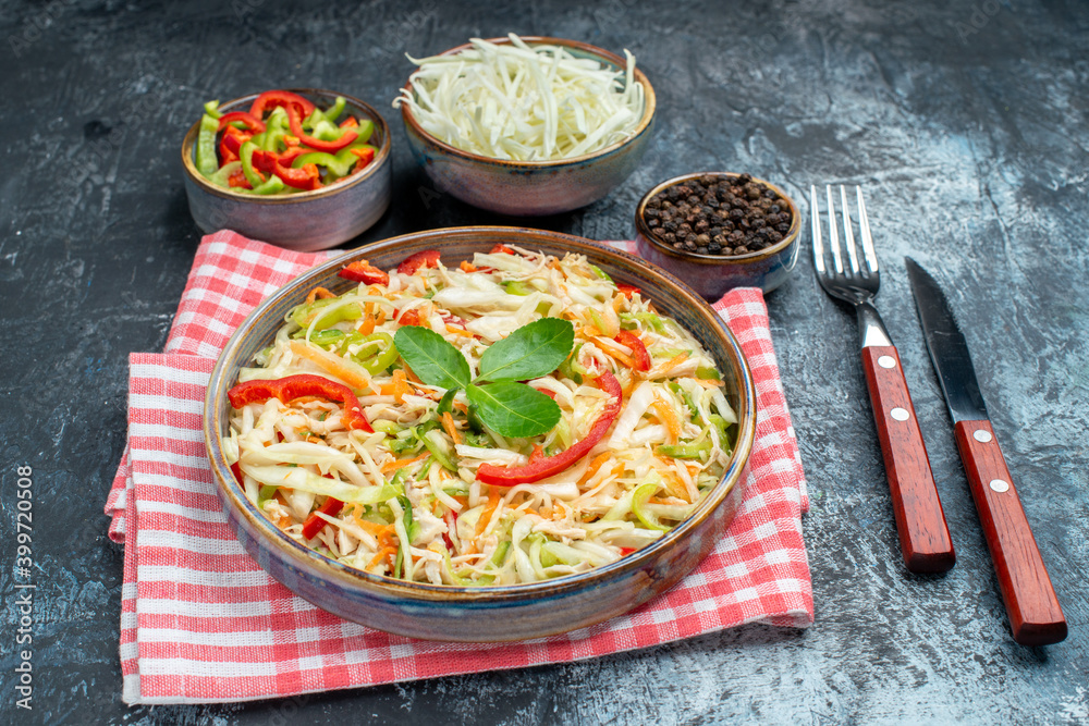 front view tasty vegetable salad with sliced cabbage and bell-peppers on grey background meal color photo diet health front view tasty vegetable salad with sliced cabbage and bell-peppers on grey background meal color photo diet health