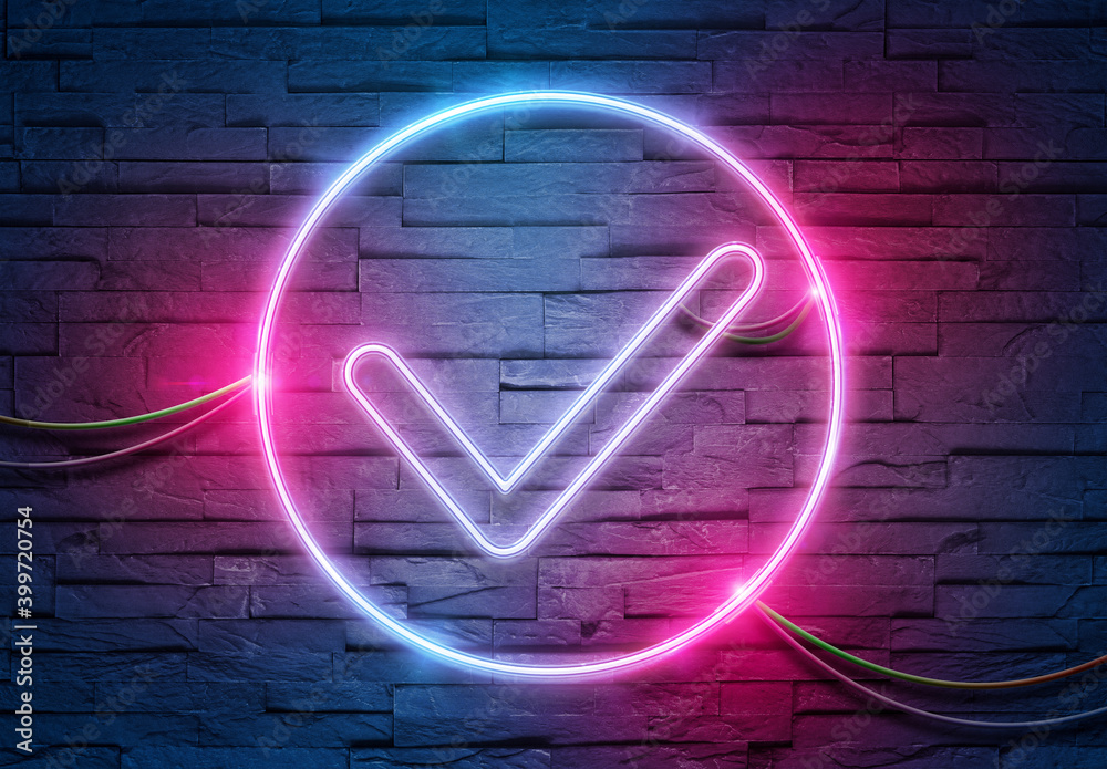 Check neon icon illuminating a brick wall with blue and pink glowing light 3D rendering