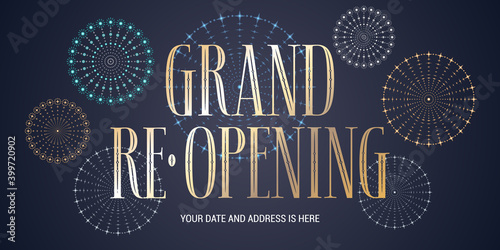 Grand opening or re opening vector background. Design element with golden sign