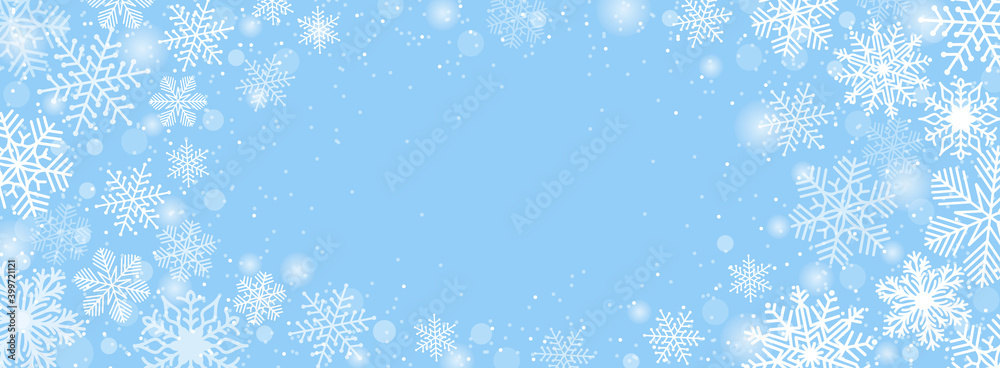 Christmas horizontal banner with snowflakes and snow. White on a blue background. Winter abstract design. Vector illustration. Christmas horizontal banner with snowflakes and snow. White on a blue background. Winter abstract design. Vector illustration.