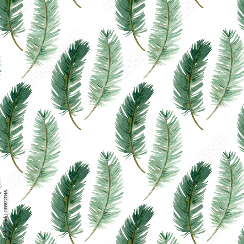 Watercolor green pine branch seamless background. Christmas pattern. Winter forest hand-drawn illustration.