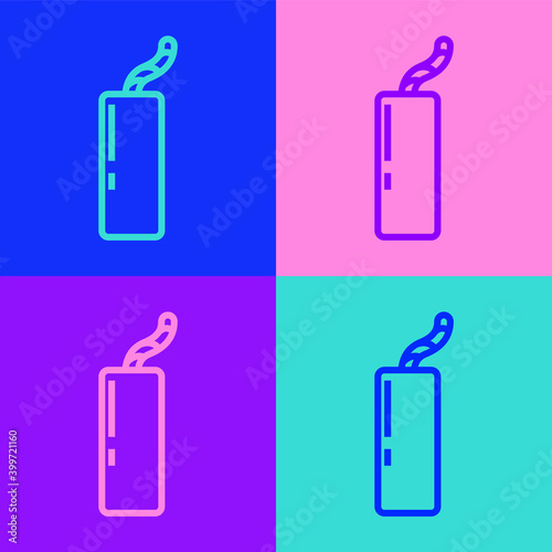 Pop art line Detonate dynamite bomb stick and timer clock icon isolated on color background. Time bomb - explosion danger concept. Vector.