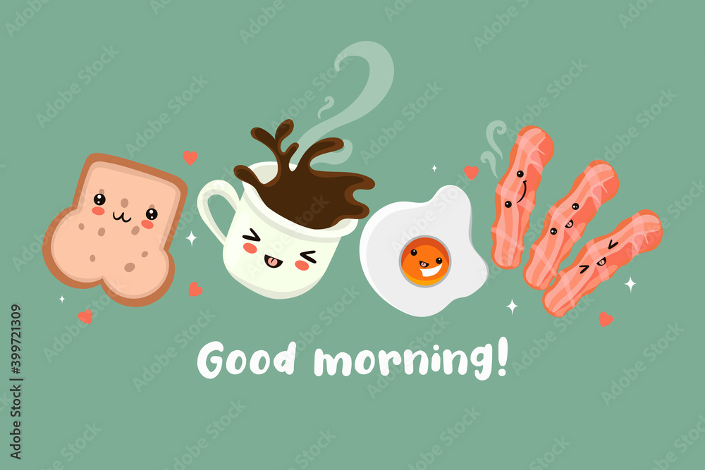 Fototapeta premium Postcard with a cute breakfast. Good morning. Vector graphics.