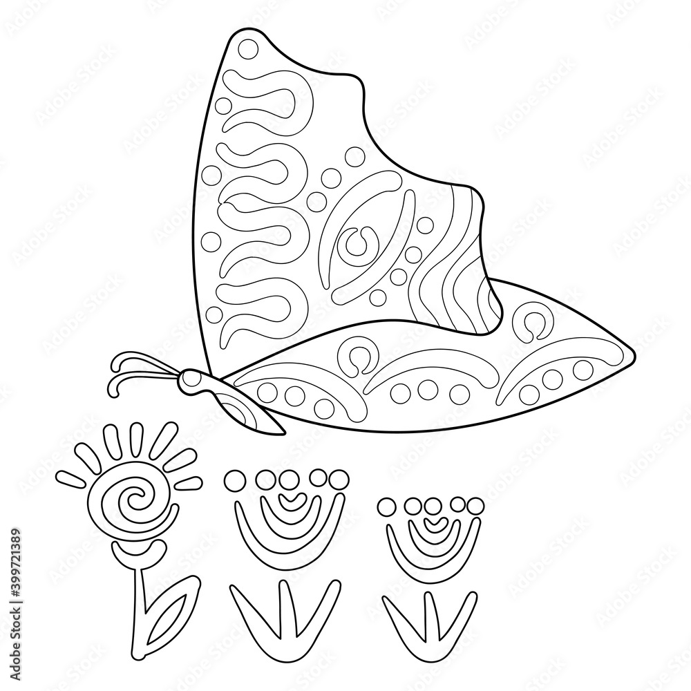 Fototapeta premium Children's coloring book, butterfly with ethnic pattern and flowers.