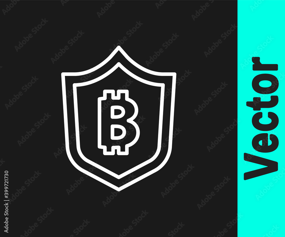 White line Shield with bitcoin icon isolated on black background. Cryptocurrency mining, blockchain technology, security, protect, digital money. Vector.