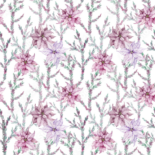 Watercolor pink poinsettia seamless pattern. Christmas flower background. Festive endless pattern with pink flowers.