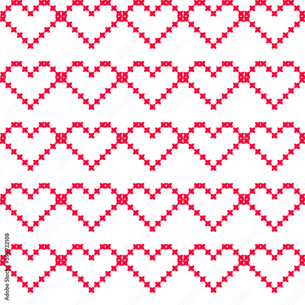 Red hearts pattern cross stitch style, white background