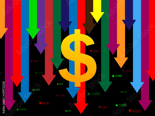Fall, depreciation of the Dollar, decrease of the value of the monetary unit. Vector