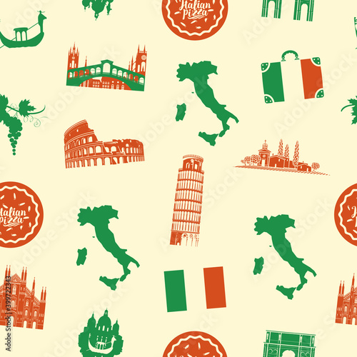 Seamless pattern on the theme of Italy with Italian symbols, architectural landmarks, pizza and a map in the colors of the Italian flag. Suitable for vector Wallpaper, wrapping paper, fabric, textiles
