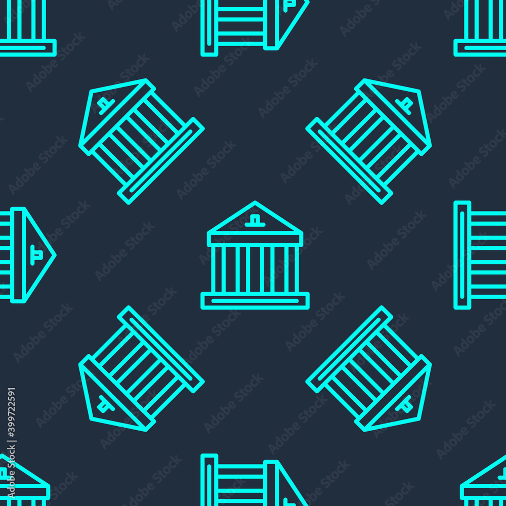 Fototapeta premium Green line Museum building icon isolated seamless pattern on blue background. Vector.