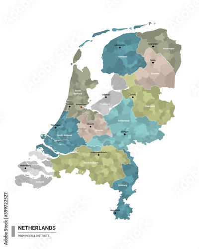 Netherlands higt detailed map with subdivisions. Administrative map of Netherlands with districts and cities name, colored by states and administrative districts. Vector illustration. photo