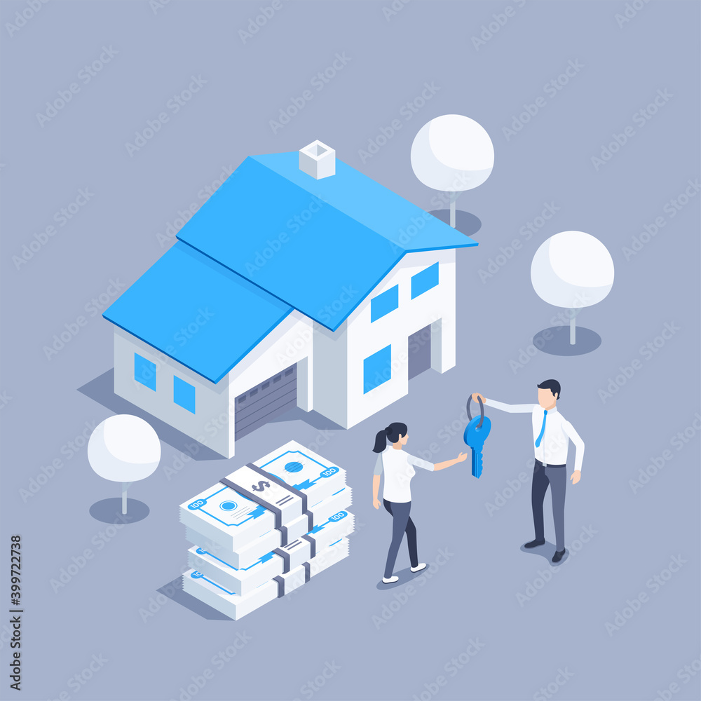 isometric vector illustration on gray background, buying a property, man in business suit hands over house key to woman isometric vector illustration on gray background, buying a property, man in business suit hands over house key to woman