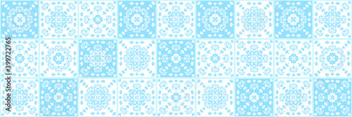 Majolica pottery tile, blue and white azulejos, original traditional Portuguese and Spain decor. Seamless patchwork tile with Victorian motives. Vector illustration.