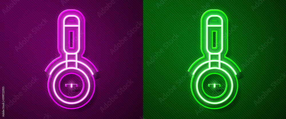 Glowing neon line Pizza knife icon isolated on purple and green background. Pizza cutter sign. Steel kitchenware equipment. Vector. Glowing neon line Pizza knife icon isolated on purple and green background. Pizza cutter sign. Steel kitchenware equipment. Vector.