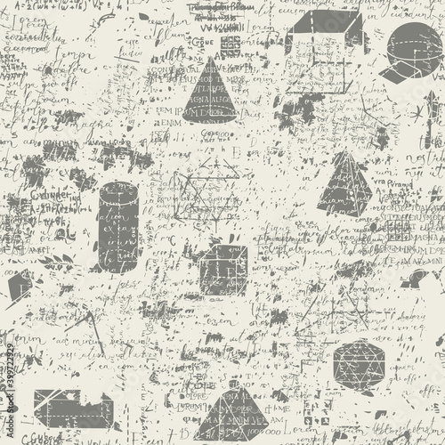 Abstract seamless pattern with an overlay of hand-drawn geometric figures and handwritten text Lorem ipsum on an old paper background. Vector repeating illustration in the grunge style