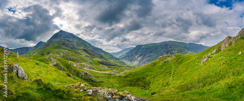 Panorama of ‘knife-edged’ Crib Goch mountain in Snowdonia National Park. The name means ‘red ridge’ in the Welsh language
