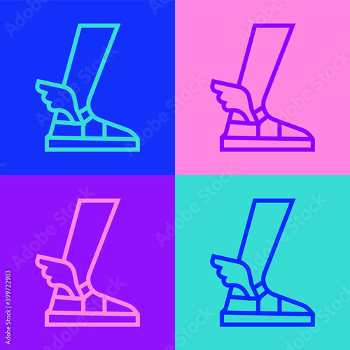 Pop art line Hermes sandal icon isolated on color background. Ancient greek god Hermes. Running shoe with wings. Vector.