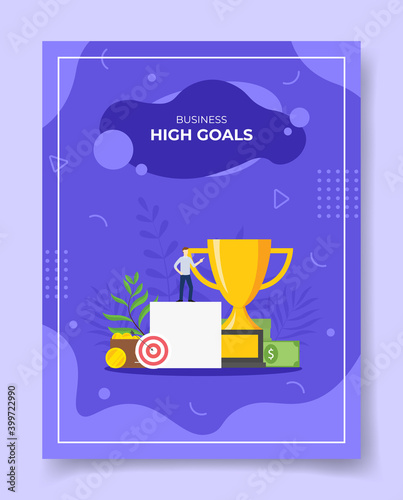 business high goal people standing on podium around trophy wallet coin money target plan for template of banners, flyer, books cover, magazines with liquid shape style