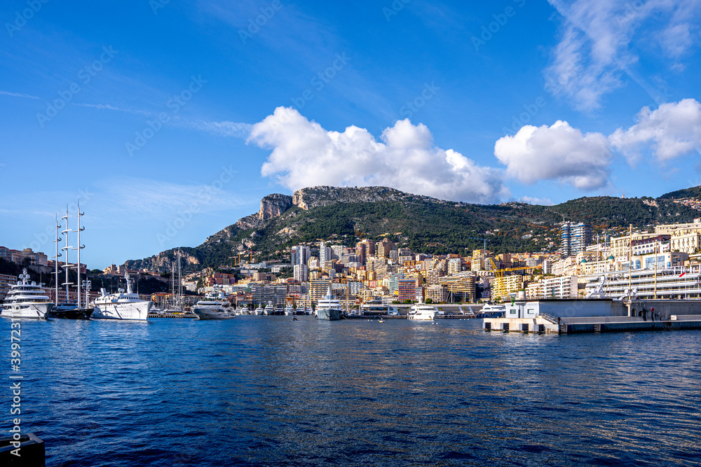 Monte Carlo, Monaco 14.12.2020 City view from port side to Monte Carlo
