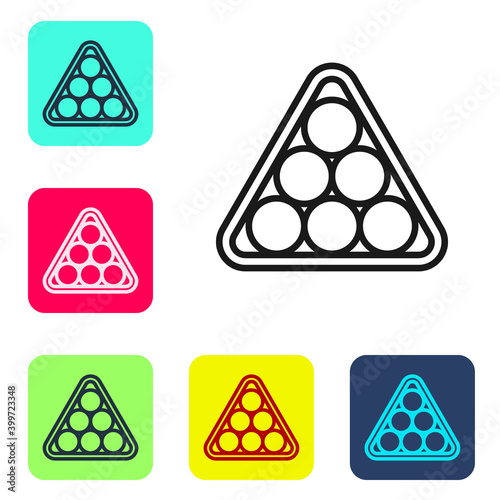 Black line Billiard balls in a rack triangle icon isolated on white background. Set icons in color square buttons. Vector.