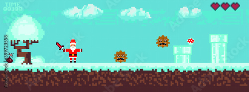 Computer pixel game interface, santa claus character, 8-bit view, hero battle in video game. Pixel winter with snow
