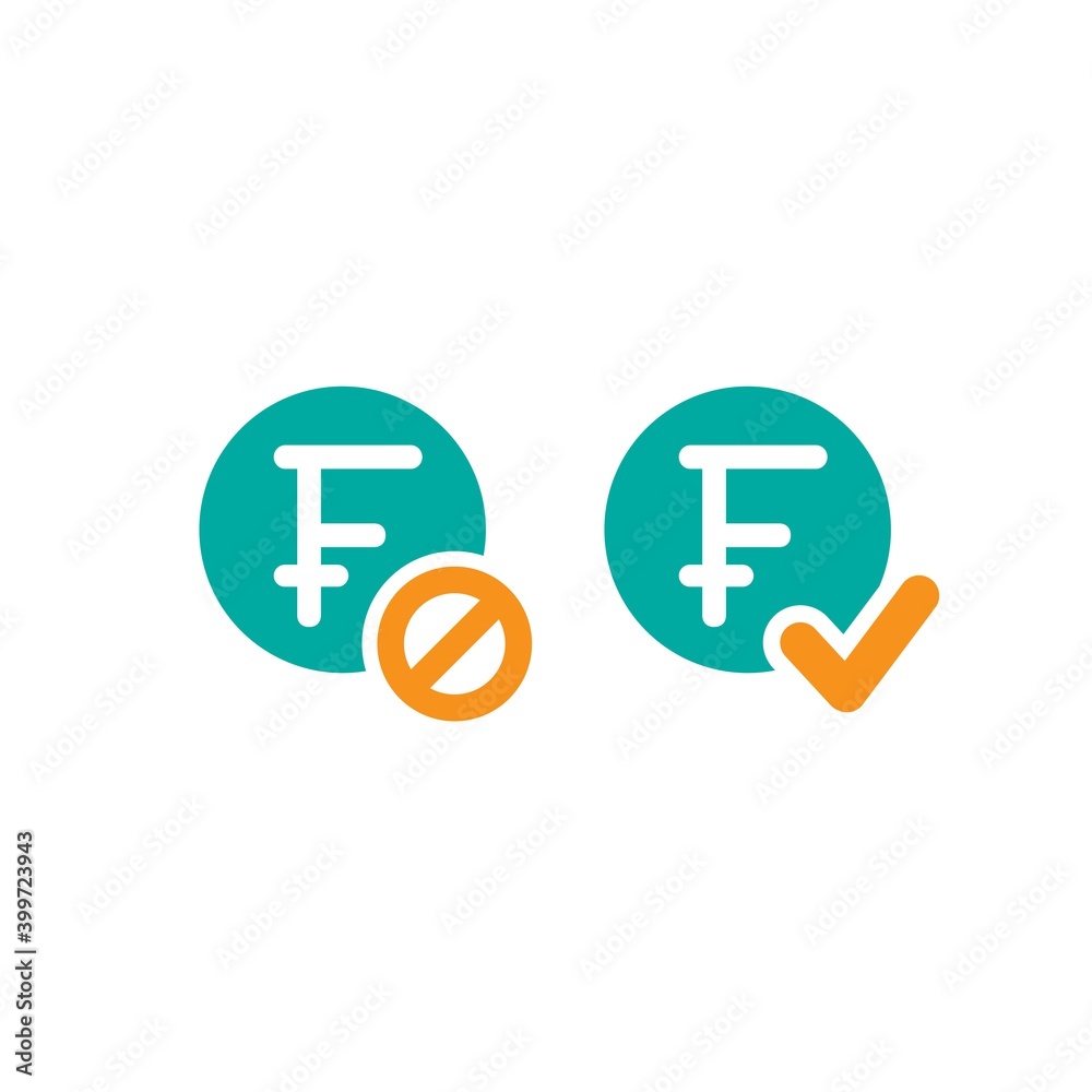 Two money icons. Blue circles with swiss franc signs and orange circle with tick and crossed circle. Two money icons. Blue circles with swiss franc signs and orange circle with tick and crossed circle.