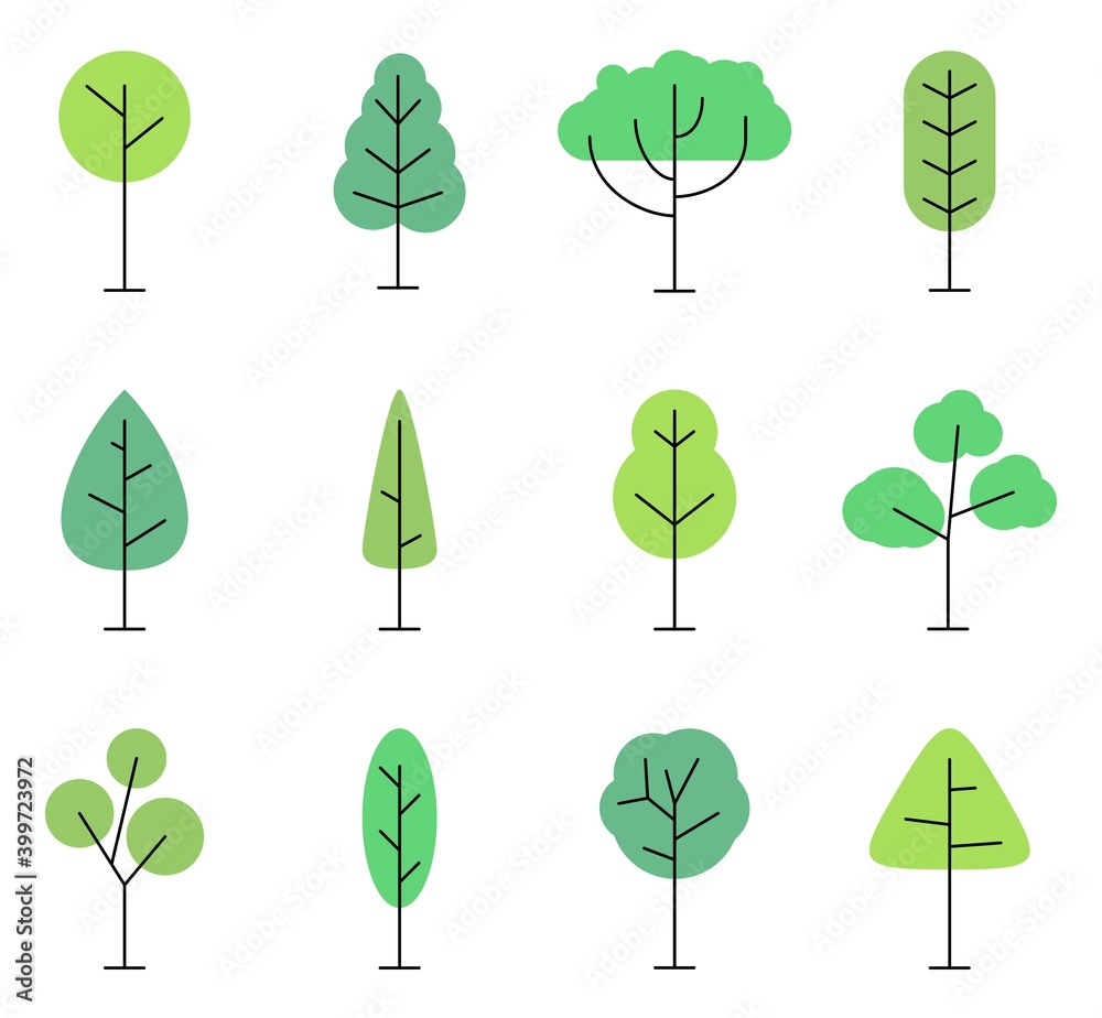 Flat style trees icon set isolated on white background. Forest tree nature plants, Vector illustration