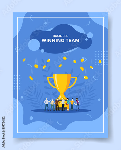 business winning team people front big trophy coin fall for template of banners, flyer, books cover, magazines with liquid shape style