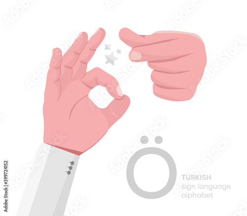 The letter 'Ö. Turkish handicapped hand alphabet letter Ö. Disabled hand. Hand tongue. Learning the alphabet, non-verbal deaf-dumb communication, expression gestures vector.