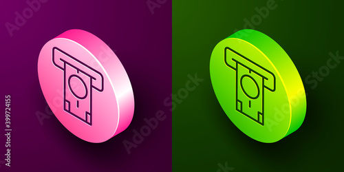 Isometric line ATM - Automated teller machine and money icon isolated on purple and green background. Circle button. Vector.
