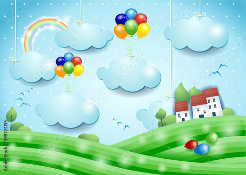 Fantasy landscape with balloons and hanging clouds, vector illustration eps10
