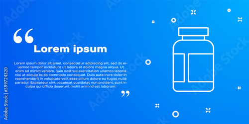 White line Sports nutrition bodybuilding proteine power drink and food icon isolated on blue background. Vector.