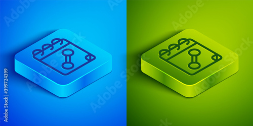 Isometric line Calendar fitness icon isolated on blue and green background. Training schedule. Square button. Vector.