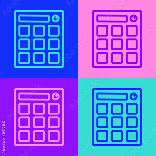 Pop art line Drum machine music producer equipment icon isolated on color background. Vector.