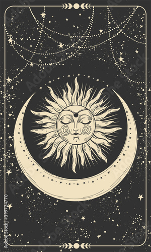 Mystical drawing of the sun with a face, tarot cards, boho illustration, magic card. Golden sun with closed eyes on a black background with stars. Vector hand drawing