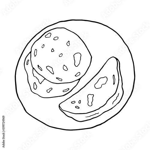 Vector hand drawn doodle naan. Indian cuisine dish. Design sketch element for menu cafe, restaurant, label and packaging. Illustration on a white background.