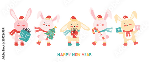 Fototapeta Naklejka Na Ścianę i Meble -  New year banner with a group happy baby rabbits in Santa hat with a Christmas tree, gifts, and candy cane. Christmas funny cartoon animals. Bunnies having fun on winter holiday. Vector illustration.