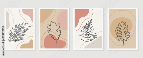 Botanical wall art vector set. Earth tone boho foliage line art drawing with  abstract shape.  Abstract Plant Art design for wall framed prints, canvas prints, poster, home decor, cover, wallpaper.