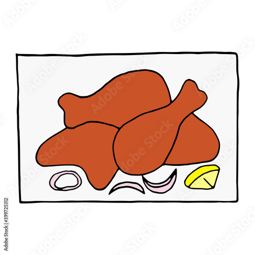 Vector hand drawn doodle chicken tandoori. Indian cuisine dish. Design sketch element for menu cafe, restaurant, label and packaging. Colorful illustration on a white background.