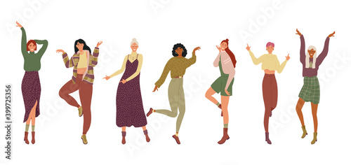 Cheerful funny girls are dancing. Woman friends spend time together with cheerful music on a white background. Vector illustration