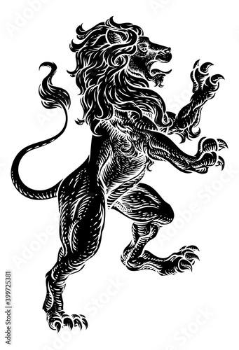 A lion rearing rampant on its hind legs in a coat of arms crest woodcut style