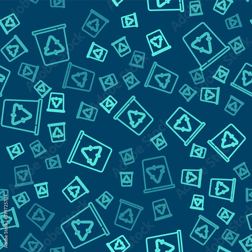 Green line Recycle bin with recycle symbol icon isolated seamless pattern on blue background. Trash can icon. Garbage bin sign. Recycle basket sign. Vector.