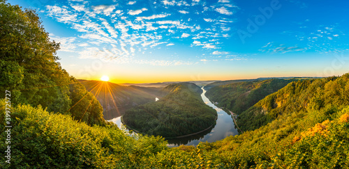 Sunrise view of Saar river valley near Mettlach. South Germany 
