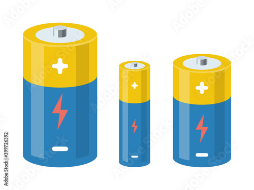 Battery types. Cylinder batteries in cartoon style.